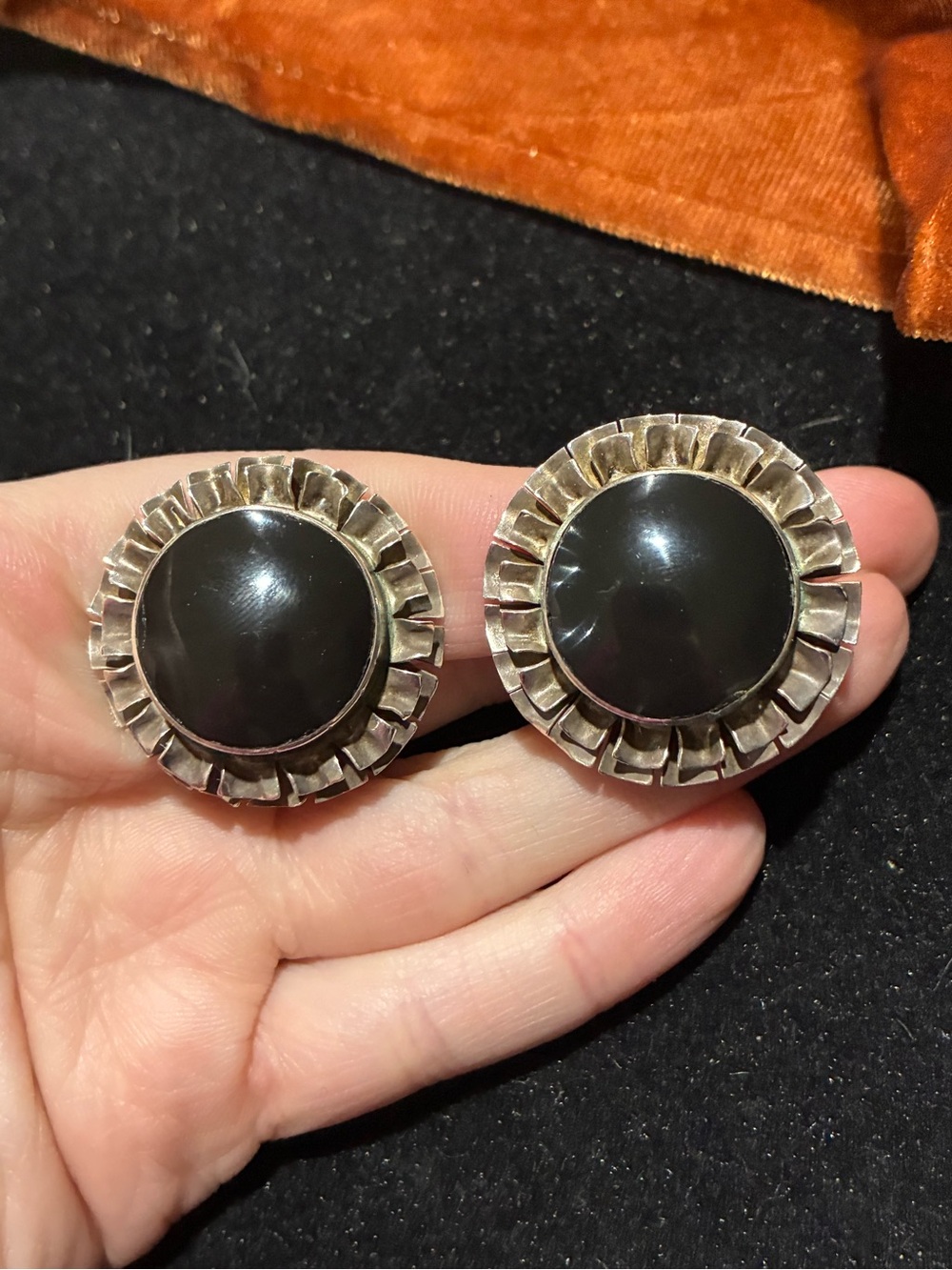 Vintage Taxco Sterling Black Enamel Button Earrings